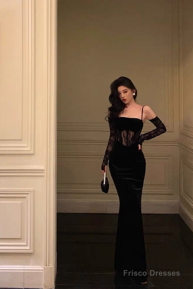 Pretty Sheath Spaghetti Straps Black Lace Long Prom Dresses Birthday Outfits With Gloves Main image