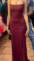 Pretty Sheath Spaghetti Straps Burgundy Slit Long Evening Dress Prom Dresses