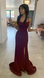 Pretty Sheath Spaghetti Straps Burgundy Slit Long Evening Dress Prom Dresses