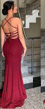 Pretty Sheath Spaghetti Straps Burgundy Slit Long Evening Dress Prom Dresses