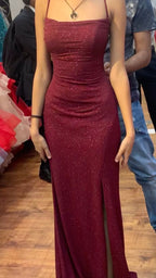 Pretty Sheath Spaghetti Straps Burgundy Slit Long Evening Dress Prom Dresses