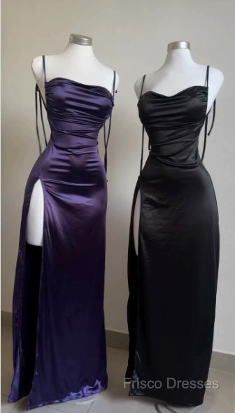 Pretty Sheath Spaghetti Straps Floor Length Ruffles Grape Slit Formal Prom Dress Secondary image