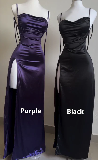 Pretty Sheath Spaghetti Straps Floor Length Ruffles Grape Slit Prom Dresses