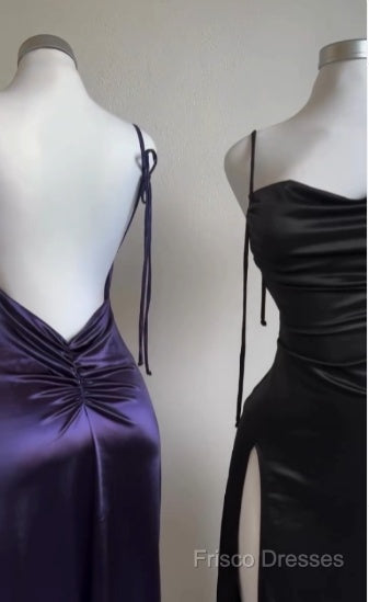 Pretty Sheath Spaghetti Straps Floor Length Ruffles Grape Slit Formal Prom Dress
