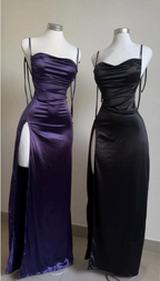 Pretty Sheath Spaghetti Straps Floor Length Ruffles Grape Slit Prom Dresses