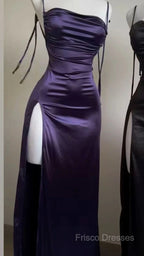 Pretty Sheath Spaghetti Straps Floor Length Ruffles Grape Slit Formal Prom Dress