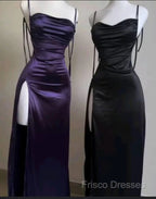 Pretty Sheath Spaghetti Straps Floor Length Ruffles Grape Slit Formal Prom Dress