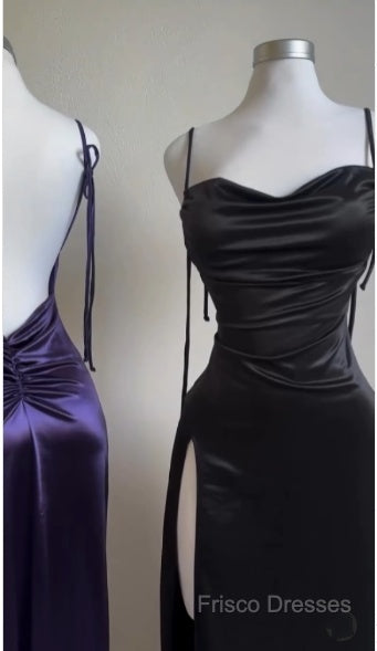 Pretty Sheath Spaghetti Straps Floor Length Ruffles Grape Slit Formal Prom Dress