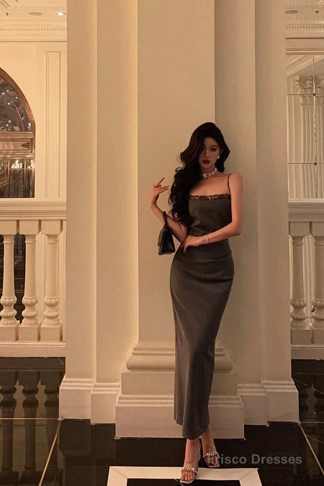 Pretty Sheath Spaghetti Straps Pleated Gray Prom Dresses Birthday Outfits Evening Gown