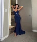 Pretty Sheath Spaghetti Straps Royal Blue Slit Long Evening Dress Prom Dresses
