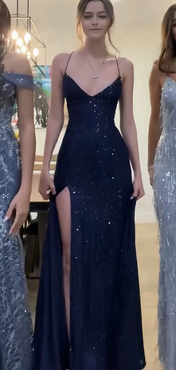 Pretty Sheath Spaghetti Straps Slit Navy Blue Sequin Prom Dresses Evening Dress Main image
