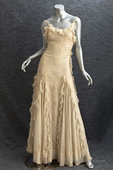 Pretty Sheath Spaghetti Straps Yellow Floor Length Evening Dress Chiffon Prom Dresses