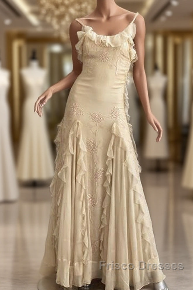 Pretty Sheath Spaghetti Straps Yellow Floor Length Evening Dress Chiffon Formal Prom Dress Main image