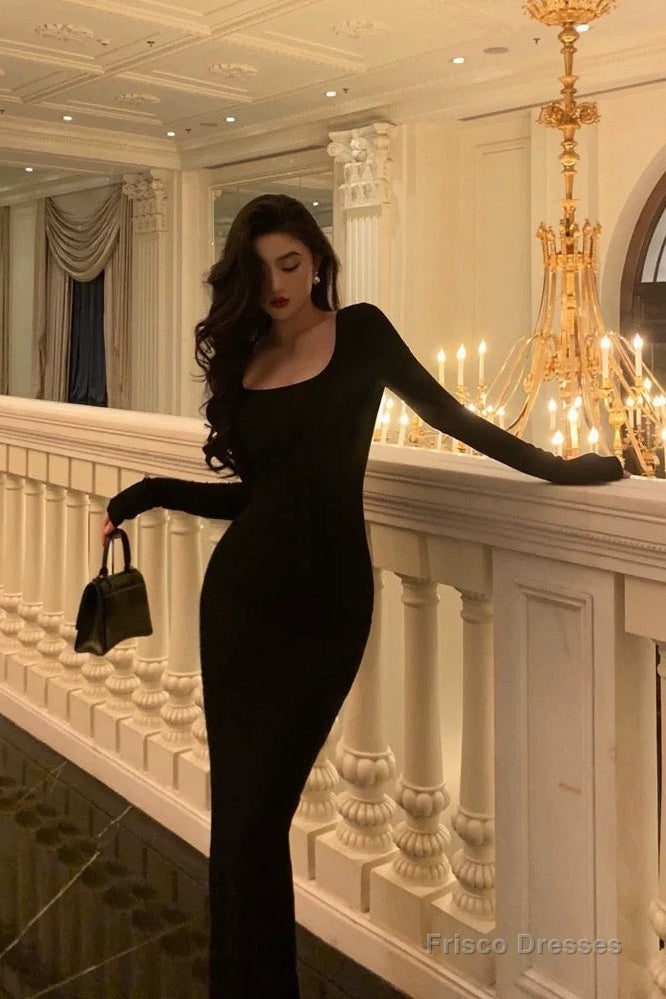 Pretty Sheath Square Neckline Long Sleeves Black Date Night Dress Prom Dresses Birthday Party Outfit