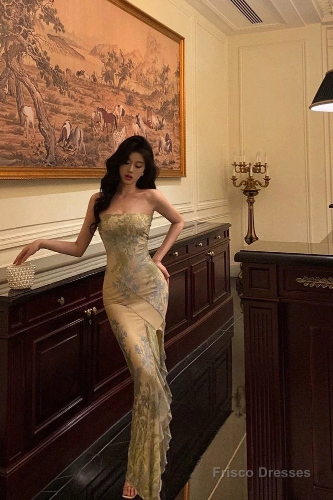 Pretty Sheath Strapless Floral Slit Long Prom Dresses Birthday Outfits Secondary image