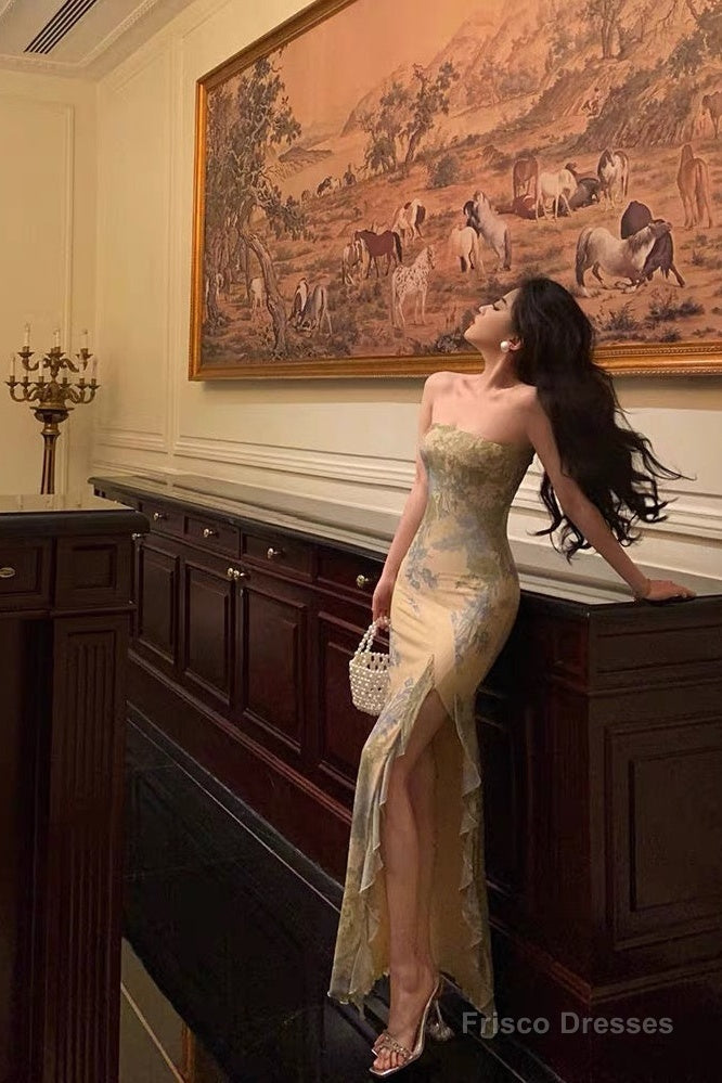 Pretty Sheath Strapless Floral Slit Long Prom Dresses Birthday Outfits Main image