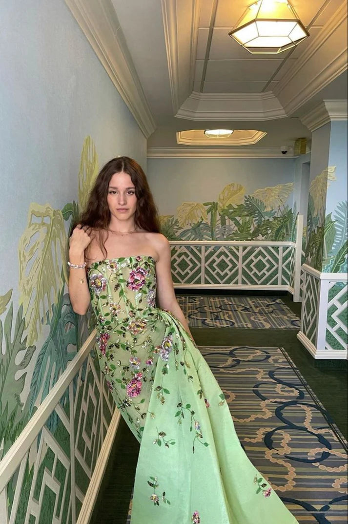Pretty Sheath Strapless Green Floor Length Evening Dress Organza Prom Dresses With Embroidered Secondary image