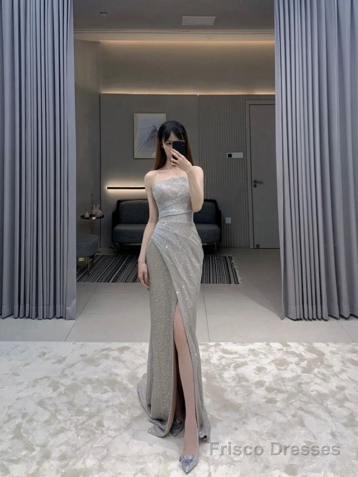 Pretty Sheath Strapless Neckline Sleeveless Party Dress Silver Sequin Prom Dresses Main image