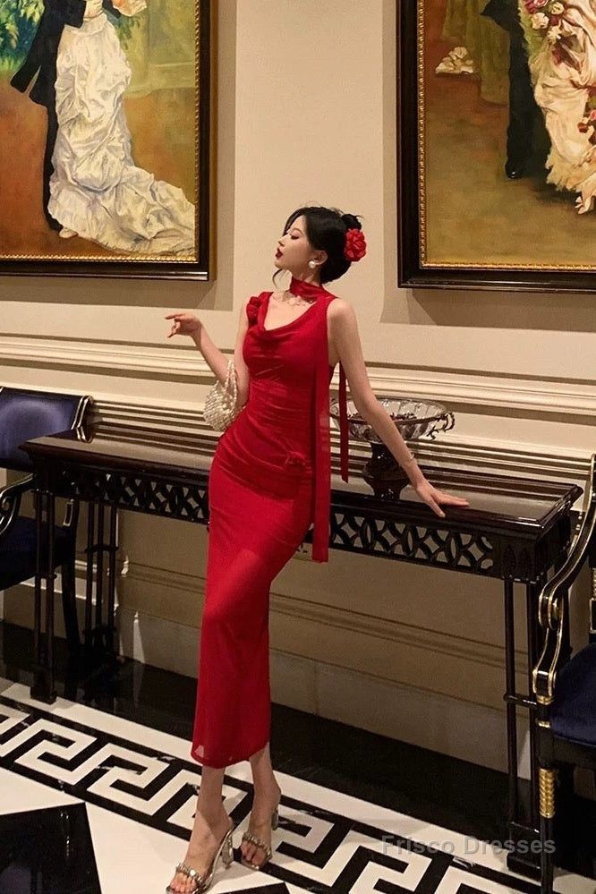 Pretty Sheath Straps Sleeveless Floral Date Night Dress Red Prom Dresses Birthday Outfits Main image