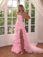 Pretty Sheath Sweetheart Pink Long Slit Prom Dresses Formal Evening Dress