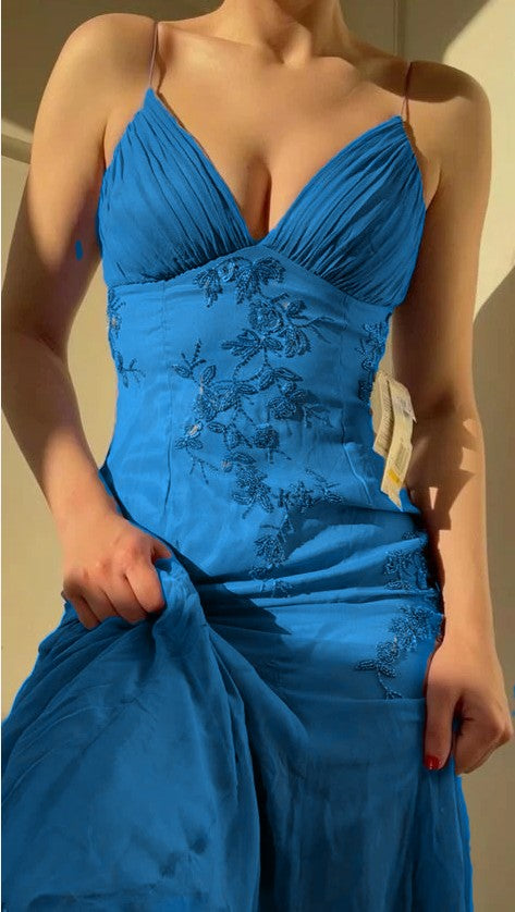 Pretty Spaghetti Straps V-Neck Beaded Backless Prom Dresses Party Dresses