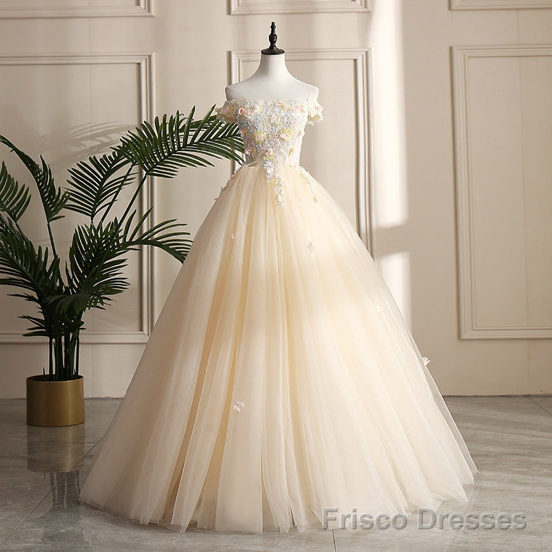 Pretty Tulle Champagne Off Shoulder  Prom Dress, Flowers Lace Formal Dress