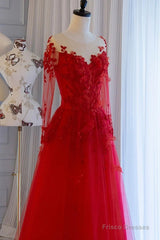 Pretty Tulle Long Prom Dress With Applique,Red Party Dress Formal Evening Dress
