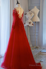 Pretty Tulle Long Prom Dress With Applique,Red Party Dress Formal Evening Dress