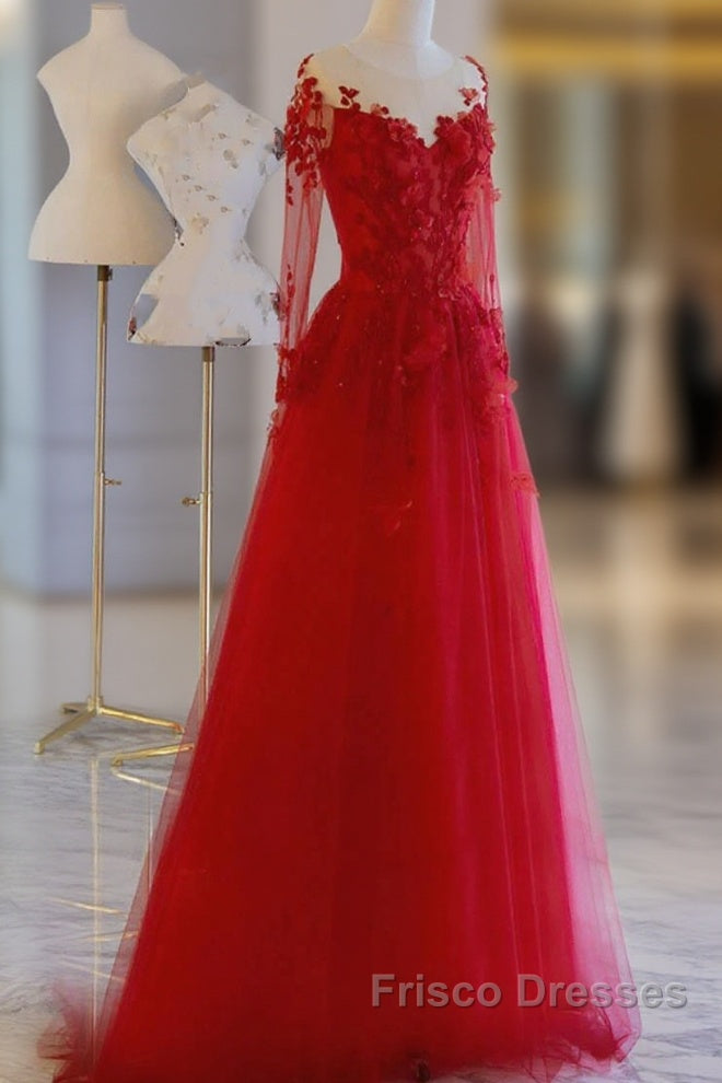 Pretty Tulle Long Formal Prom Dress With Applique,Red Party Dress Formal Evening Dress
