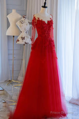 Pretty Tulle Long Prom Dress With Applique,Red Party Dress Formal Evening Dress