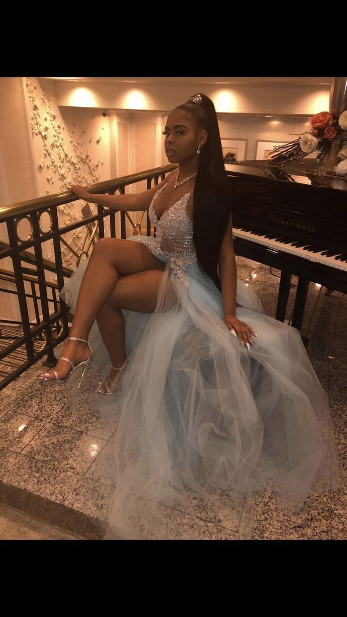 Pretty V Neck Lace Prom Dress, Sexy Split Slit Evening Dress Secondary image