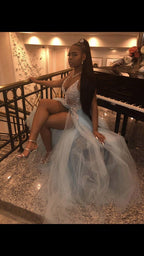 Pretty V Neck Lace Prom Dress, Sexy Split Slit Evening Dress