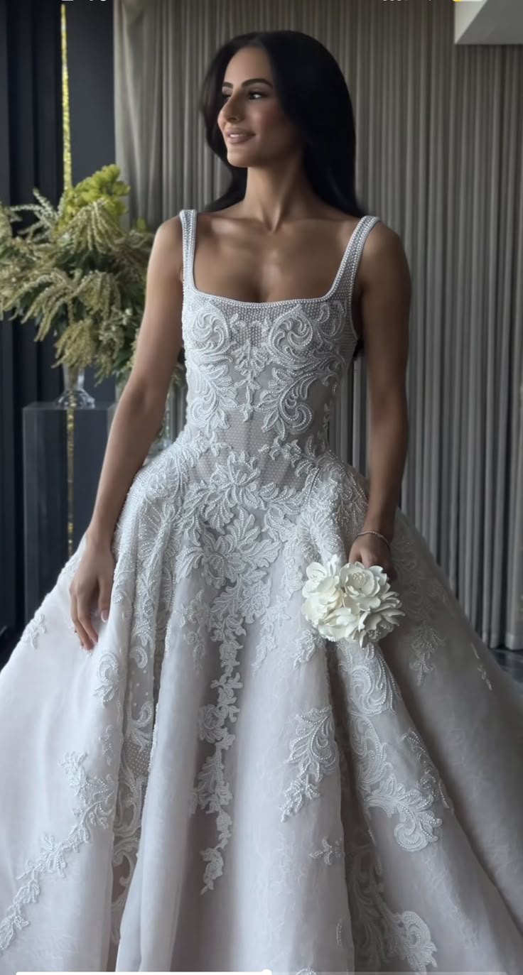 Pretty Wedding Dress Ball Gown Square Neck Lace White Wedding Dresses Bridal Gowns Main image