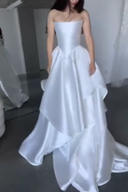 Pretty Wedding Dress Ball Gown Strapless White Satin Long Wedding Dresses Bridal Gowns