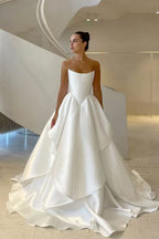 Pretty Wedding Dress Ball Gown Strapless White Satin Long Wedding Dresses Bridal Gowns