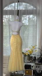 Pretty Yellow Sequin Halter Neck Backless Mermaid Prom Dress