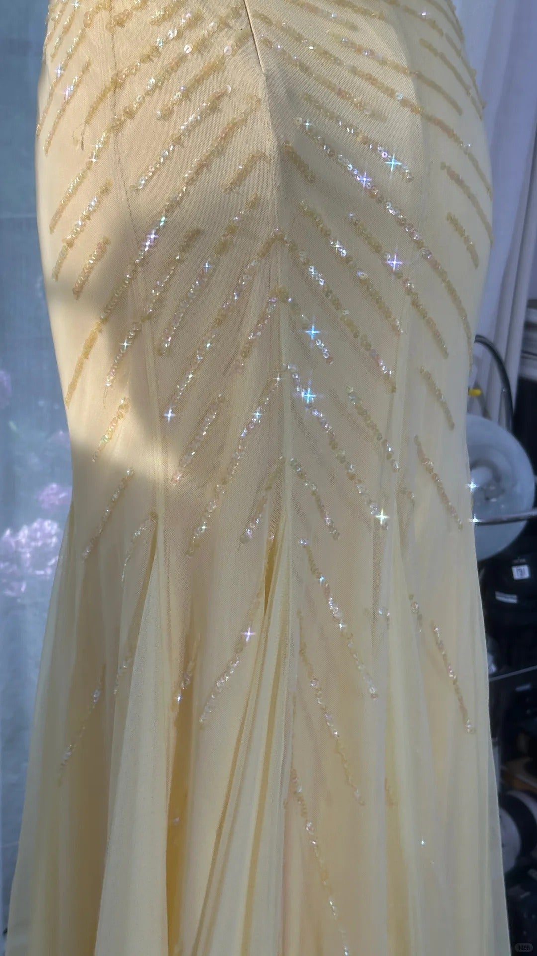 Pretty Yellow Sequin Halter Neck Backless Mermaid Prom Dress