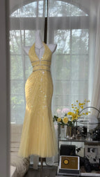 Pretty Yellow Sequin Halter Neck Backless Mermaid Prom Dress