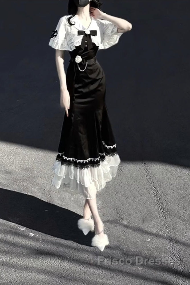 Princess A Line Black Satin Long Formal Prom Dress Night Lolita Dress Birthday Outfits