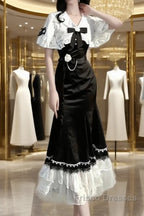 Princess A Line Black Satin Long Formal Prom Dress Night Lolita Dress Birthday Outfits
