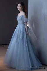 Princess A Line Blue Sequin Long Prom Dresses