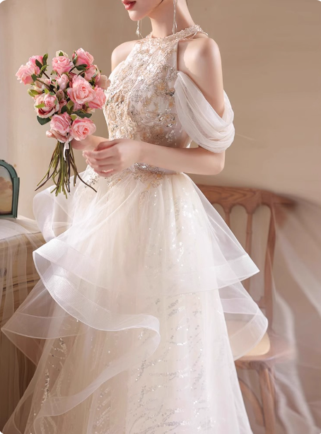 Princess A-Line Halter Neck Sequin Embroidered Tiered Tulle Long Prom Dress Evening Dress