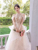 Princess A-Line Halter Neck Sequin Embroidered Tiered Tulle Long Prom Dress Evening Dress