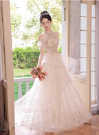 Princess A-Line Halter Neck Sequin Embroidered Tiered Tulle Long Prom Dress Evening Dress