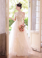Princess A-Line Halter Neck Sequin Embroidered Tiered Tulle Long Prom Dress Evening Dress