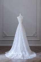 Princess A Line High Neckline White Lace Long Wedding Dress Brides Dress