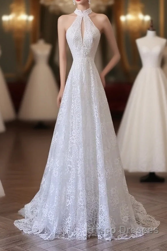 Princess A Line High Neckline White Lace Long Wedding Dress Brides Dress Main image