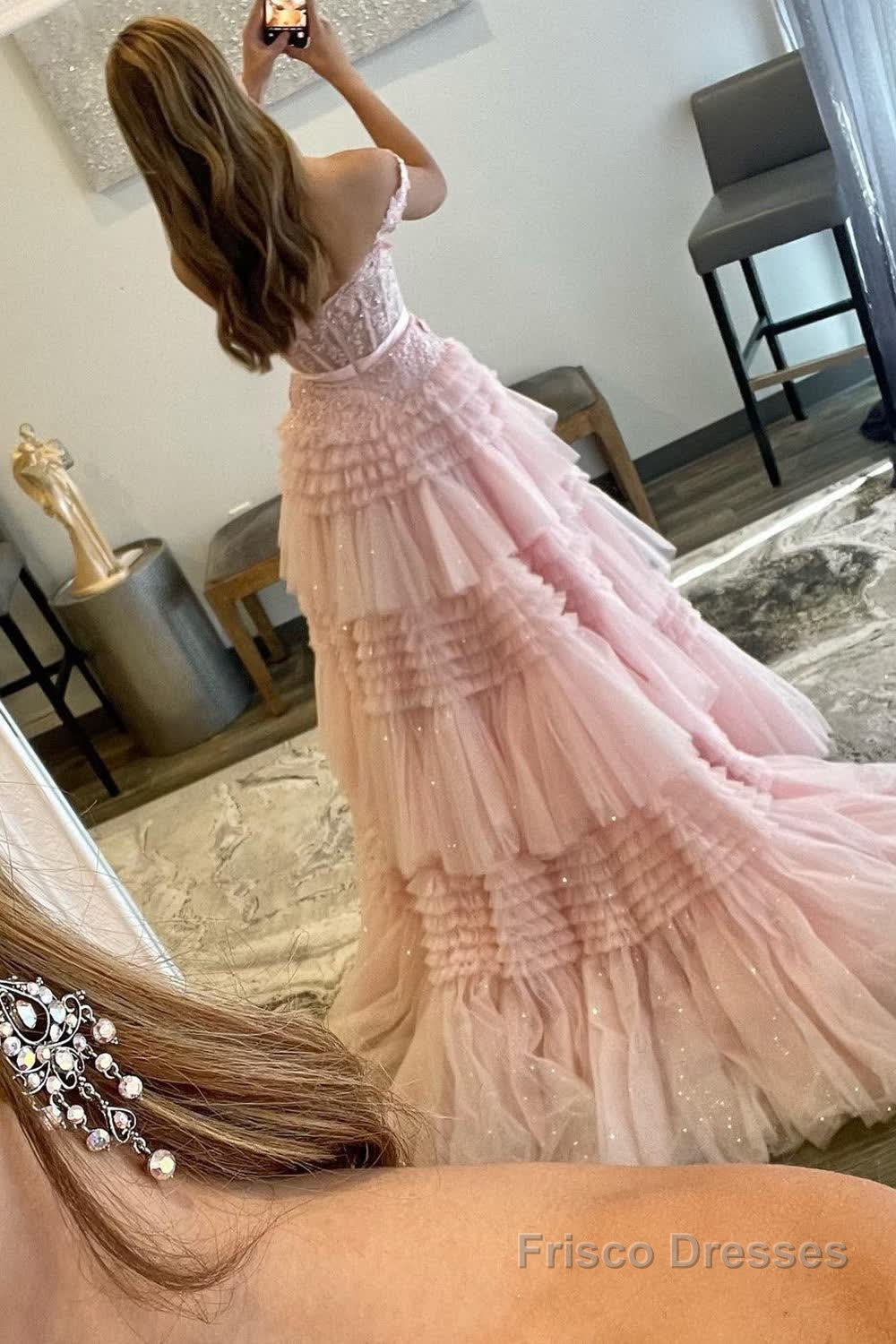 Princess A Line Off the Shoulder Light Pink Long Prom Dress with Ruffles Secondary image