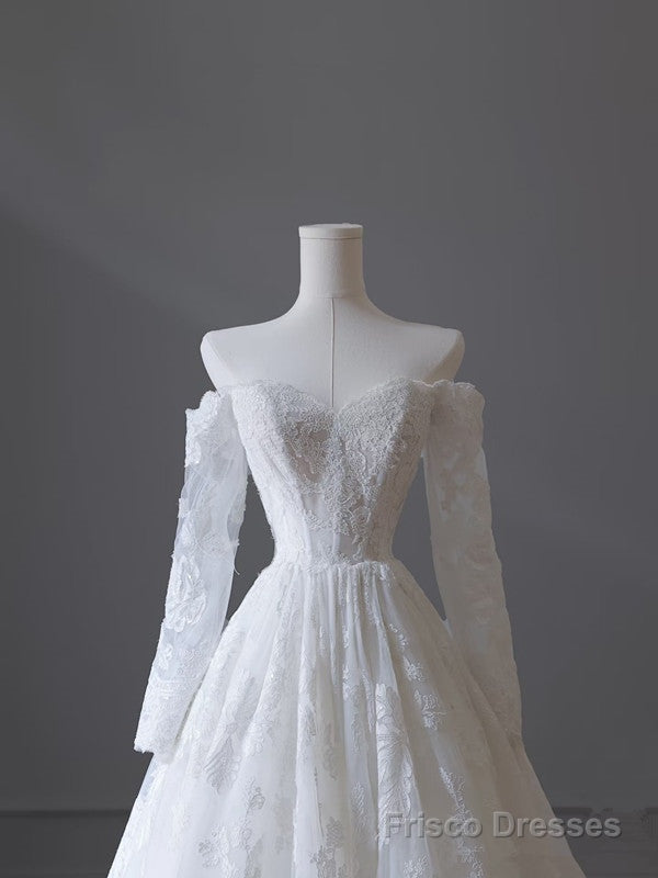 Princess A line Off The Shoulder White Lace Long Wedding Dresses Brides Dress