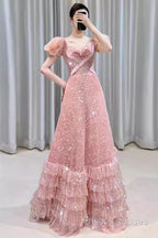 Princess A Line Pink Short Sleeves Sequin Long Formal Prom Dress